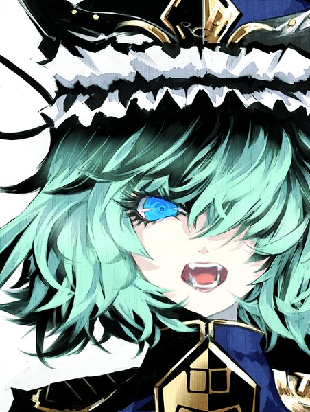 Anime picture 753x1000 with touhou shikieiki yamaxanadu uni (bom19850101) single tall image looking at viewer fringe short hair open mouth blue eyes simple background white background hair over one eye aqua hair fang (fangs) portrait girl hat