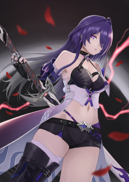 Anime picture 2508x3541 with honkai: star rail honkai (series) acheron (honkai: star rail) m2013sachi single long hair tall image looking at viewer fringe highres breasts light erotic standing purple eyes bare shoulders purple hair hair over one eye midriff sheathed electricity