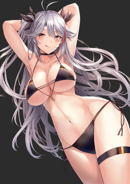 Anime picture 950x1343 with azur lane prinz eugen (azur lane) prinz eugen (unfading smile) (azur lane) luzi (coffee-straw-luzi) single long hair tall image looking at viewer blush fringe breasts light erotic simple background hair between eyes large breasts payot silver hair ahoge multicolored hair mole