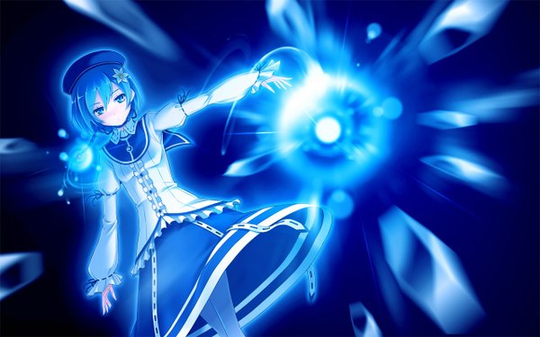Anime picture 1280x800 with yamiyo ni odore seiranden aoi tel-o single fringe short hair blue eyes hair between eyes wide image blue hair game cg outstretched arm magic expressionless girl dress beret