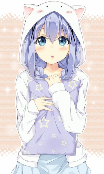 Anime picture 850x1424 with gochuumon wa usagi desu ka? white fox kafuu chino nishimi shin single long hair tall image looking at viewer blush fringe open mouth blue eyes simple background hair between eyes standing holding payot blue hair braid (braids) :o