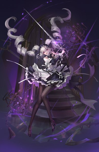 Anime picture 2657x4096 with original shumolly single long hair tall image looking at viewer fringe highres open mouth hair between eyes purple eyes twintails holding silver hair full body arms up high heels puffy sleeves drill hair frilled dress