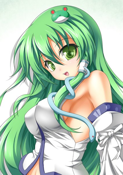 Anime picture 1240x1754 with touhou kochiya sanae roura single long hair tall image open mouth light erotic simple background white background green eyes green hair girl hair ornament detached sleeves hair tubes snake