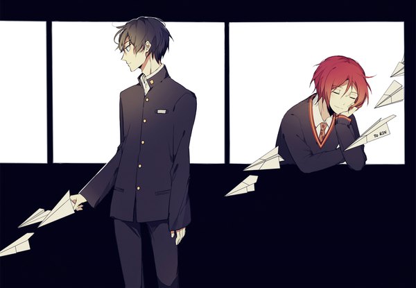 Anime picture 2000x1386 with free! kyoto animation matsuoka rin nanase haruka (free!) kurasaki ken highres short hair blue eyes black hair red hair eyes closed profile multiple boys chin rest boy uniform school uniform 2 boys gakuran paper airplane