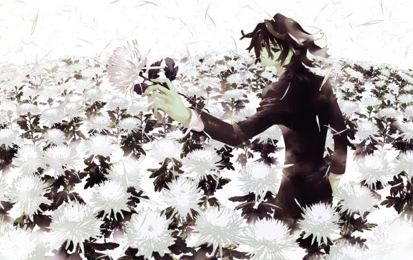 Anime picture 4063x2570 with shiki yuuki natsuno single highres black hair absurdres from behind black eyes monochrome hollow eyes boy flower (flowers)