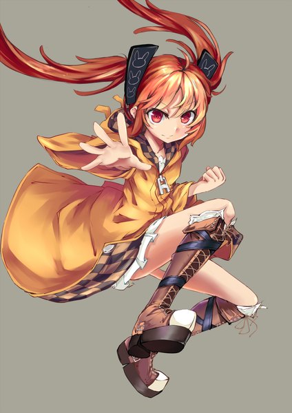 Anime-Bild 1653x2338 mit black bullet kinema citrus aihara enju mixke single long hair tall image looking at viewer simple background red eyes twintails red hair grey background loli girl dress hair ornament boots