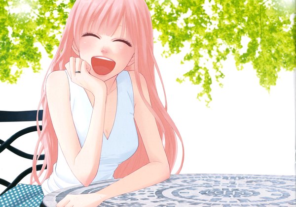 Anime picture 3446x2420 with vocaloid just be friends (vocaloid) megurine luka single long hair highres open mouth smile sitting bare shoulders pink hair absurdres eyes closed happy girl table