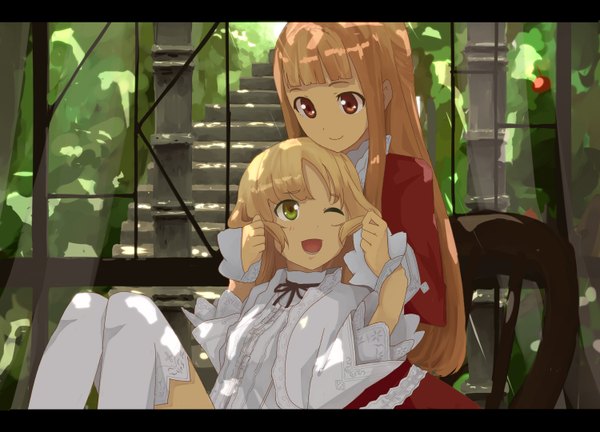 Anime picture 1500x1080 with original vocaloid rea-sama duca long hair fringe short hair open mouth blonde hair smile red eyes brown hair sitting multiple girls green eyes one eye closed wink orange hair letterboxed multiple persona