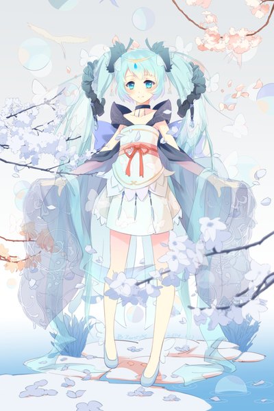 Anime picture 1300x1950 with vocaloid hatsune miku bzerox single tall image looking at viewer blush twintails very long hair aqua eyes aqua hair girl dress hair ornament flower (flowers) petals