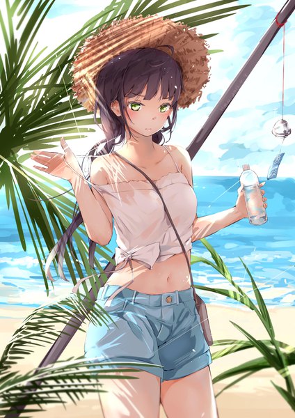 Anime picture 2480x3508 with original dema hmw single long hair tall image looking at viewer blush fringe highres breasts black hair standing bare shoulders holding green eyes signed sky cloud (clouds) ahoge outdoors