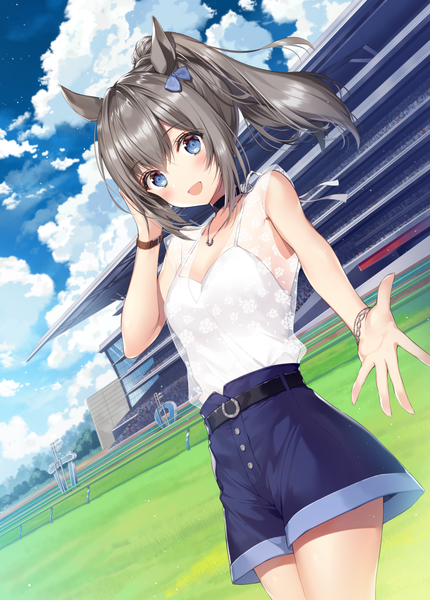 Anime picture 800x1117 with virtual youtuber inku channel kamino inku necomi (gussan) single long hair tall image looking at viewer blush fringe breasts open mouth blue eyes smile hair between eyes standing animal ears payot sky cloud (clouds)