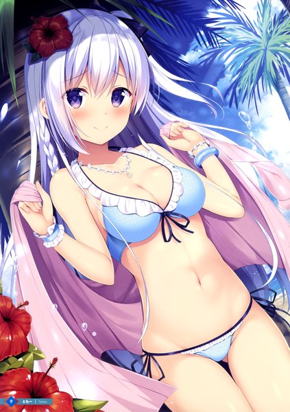 Anime picture 2502x3546 with original tomoo (tomo) single long hair tall image looking at viewer blush fringe highres breasts light erotic smile hair between eyes standing bare shoulders holding signed payot sky cleavage
