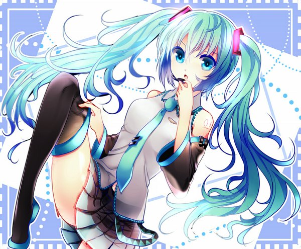 Anime picture 1130x934 with vocaloid hatsune miku aaru single looking at viewer open mouth twintails very long hair aqua eyes aqua hair girl thighhighs skirt hair ornament black thighhighs detached sleeves necktie microphone