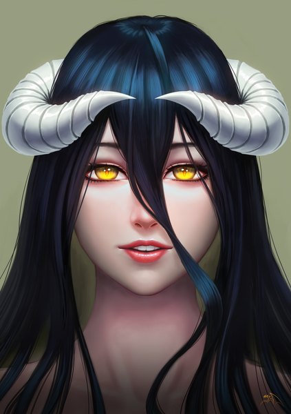 Anime picture 1748x2480 with overlord (maruyama) madhouse albedo (overlord) darkmuleth single long hair tall image looking at viewer highres open mouth black hair yellow eyes horn (horns) realistic face girl