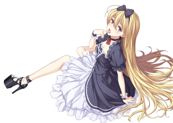 Anime picture 1500x1066 with original tenkuu nozora single looking at viewer blush simple background blonde hair white background yellow eyes very long hair looking back high heels girl dress bow hair bow shoes tongue wrist cuffs platform footwear