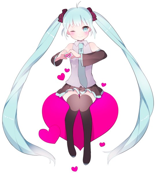Anime picture 900x1000 with vocaloid hatsune miku uttao single tall image looking at viewer blush fringe simple background smile white background sitting twintails bare shoulders ahoge very long hair nail polish one eye closed aqua eyes wink