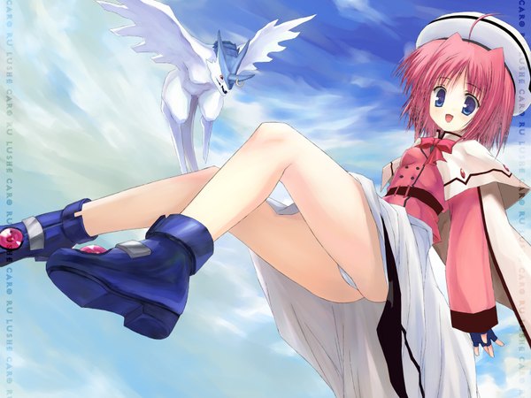 Anime picture 1600x1200 with mahou shoujo lyrical nanoha strikers caro ru lushe friedrich single short hair open mouth blue eyes pink hair sky ahoge bent knee (knees) fantasy double buttons girl skirt gloves underwear panties boots bowtie