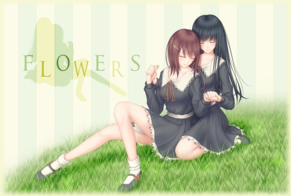 Anime picture 1200x810 with flowers (innocent grey) innocent grey shirahane suou kousaka mayuri k2-atelier long hair short hair black hair brown hair sitting multiple girls eyes closed holding hands shoujo ai girl dress uniform 2 girls plant (plants) school uniform