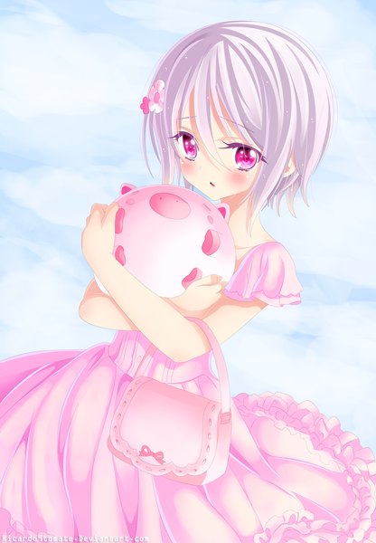 Anime picture 1177x1696 with noucome yukihira furano ric9duran single tall image blush short hair open mouth pink hair sky cloud (clouds) pink eyes hair flower coloring girl dress hair ornament flower (flowers) bag
