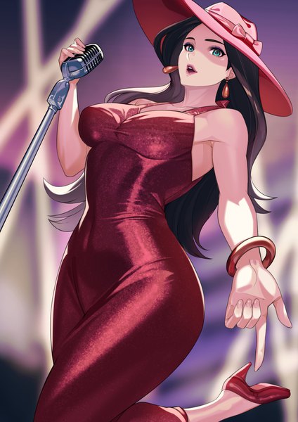 Anime picture 1736x2456 with super mario bros. super mario odyssey pauline (mario) kagematsuri single long hair tall image looking at viewer highres breasts open mouth black hair standing bare shoulders holding aqua eyes high heels sleeveless standing on one leg eyeshadow