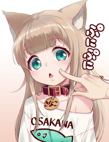 Anime picture 1960x2547 with original kinako (iyapan) 40hara long hair tall image looking at viewer blush fringe highres open mouth simple background blonde hair animal ears payot upper body blunt bangs aqua eyes cat ears off shoulder cat girl