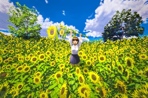 Anime-Bild 1200x800 mit original yasumori zen single short hair open mouth brown hair brown eyes sky cloud (clouds) girl skirt flower (flowers) plant (plants) shirt tree (trees) sunflower