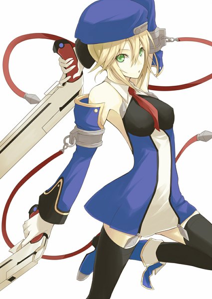 Anime picture 800x1129 with blazblue noel vermillion kauto single tall image looking at viewer blush short hair open mouth blonde hair bare shoulders holding green eyes :o arm behind head dual wielding girl thighhighs gloves hair ornament