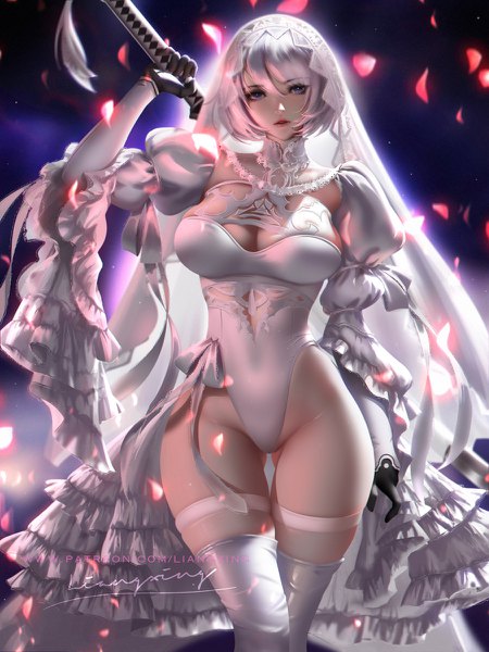 Anime picture 900x1200 with nier nier:automata yorha no. 2 type b liang xing single tall image looking at viewer fringe short hair breasts blue eyes light erotic hair between eyes large breasts standing holding signed cleavage silver hair parted lips