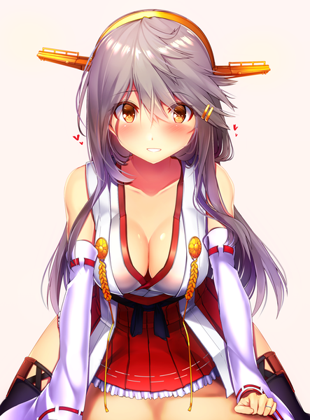 Anime picture 2028x2743 with kantai collection haruna battleship tsukui kachou long hair tall image looking at viewer blush fringe highres breasts light erotic simple background smile hair between eyes large breasts sitting bare shoulders yellow eyes payot cleavage