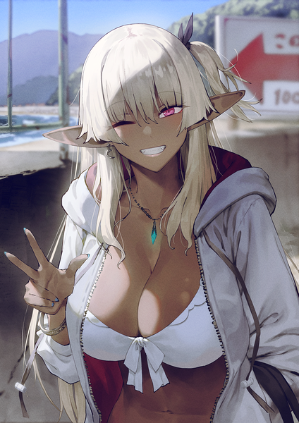 Anime picture 1810x2560 with original cozy single long hair tall image looking at viewer fringe highres breasts light erotic blonde hair smile hair between eyes sky outdoors nail polish one eye closed pink eyes pointy ears wink