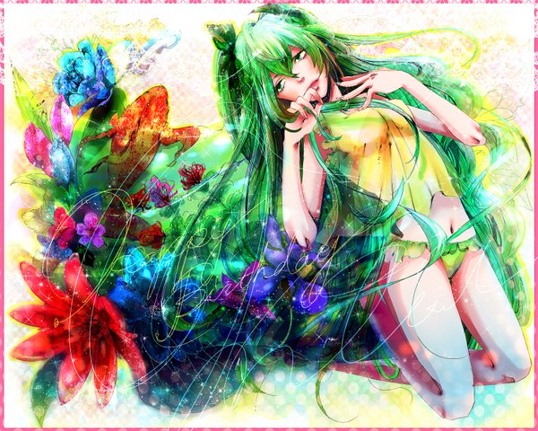 Anime picture 1750x1400 with vocaloid hatsune miku long hair highres light erotic aqua eyes green hair aqua hair kneeling girl navel underwear panties flower (flowers) fish (fishes)