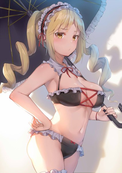 Anime picture 1062x1500 with king's raid aisha (king's raid) alexmaster single long hair tall image looking at viewer blush fringe breasts light erotic blonde hair large breasts standing twintails holding yellow eyes payot cleavage shadow