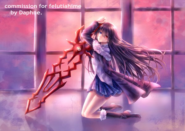 Anime picture 4092x2893 with original bellezza felutia daphne zhang single long hair looking at viewer highres blue eyes black hair red eyes absurdres looking back inscription heterochromia kneeling otoko no ko boy skirt weapon jacket