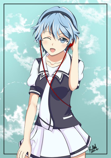 Anime picture 2106x3011 with fuuka (manga) fuuka akitsuki redwolf4844 single tall image looking at viewer blush highres short hair open mouth blue eyes standing signed blue hair pleated skirt one eye closed arm up wink short sleeves hand on head