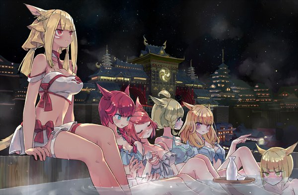 Anime picture 1800x1181 with final fantasy final fantasy xiv square enix miqo'te hiyo moo long hair blush fringe highres short hair breasts open mouth blue eyes light erotic blonde hair red eyes large breasts purple eyes multiple girls animal ears