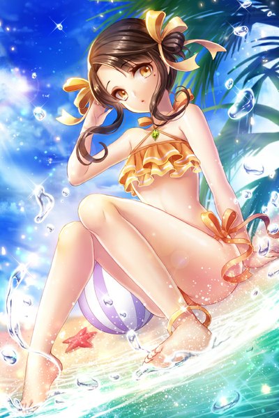 Anime picture 600x900 with sword girls kempin single tall image looking at viewer black hair yellow eyes bare legs beach girl ribbon (ribbons) swimsuit plant (plants) hair ribbon bikini tree (trees) bubble (bubbles) palm tree
