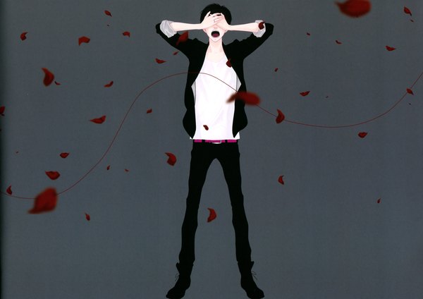 Anime picture 3428x2428 with just be friends (vocaloid) single highres short hair open mouth black hair simple background absurdres grey background covering eye (eyes) boy petals thread red thread