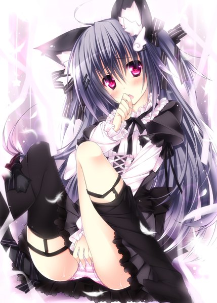 Anime picture 1072x1500 with original oziko (ojitcha) ojitcha single long hair tall image looking at viewer blush light erotic black hair red eyes animal ears cat ears two side up girl thighhighs dress underwear panties ribbon (ribbons)