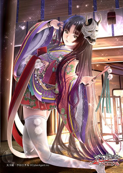 Anime picture 745x1044 with original sumomo kpa single tall image looking at viewer black hair brown eyes very long hair traditional clothes japanese clothes mask on head girl thighhighs white thighhighs mask