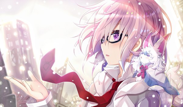 Anime picture 1100x642 with fate (series) fate/grand order mash kyrielight fou (fate) yano mitsuki single blush fringe short hair wide image sitting purple eyes payot looking away sky purple hair upper body parted lips wind sunlight