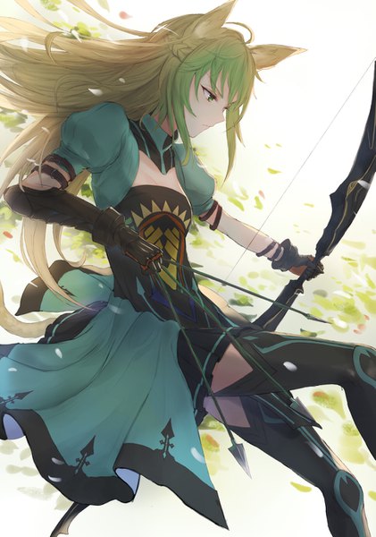 Anime picture 961x1369 with fate (series) fate/grand order fate/apocrypha atalanta (fate) kachi single long hair tall image fringe breasts blonde hair hair between eyes holding green eyes animal ears ahoge bent knee (knees) tail braid (braids) animal tail