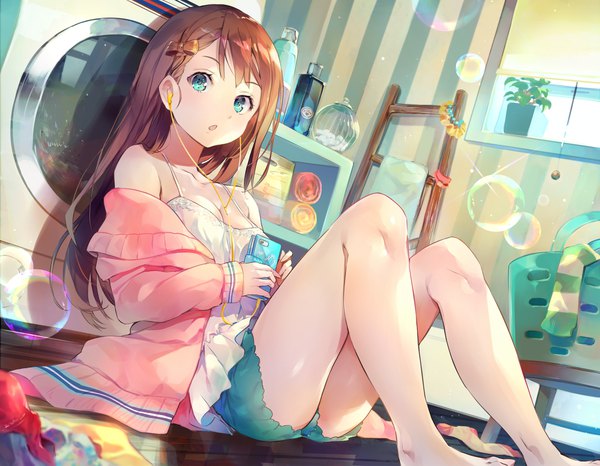 Anime picture 1624x1264 with original deecha single long hair looking at viewer blush fringe breasts open mouth light erotic brown hair sitting bare shoulders holding cleavage bent knee (knees) indoors aqua eyes off shoulder open clothes