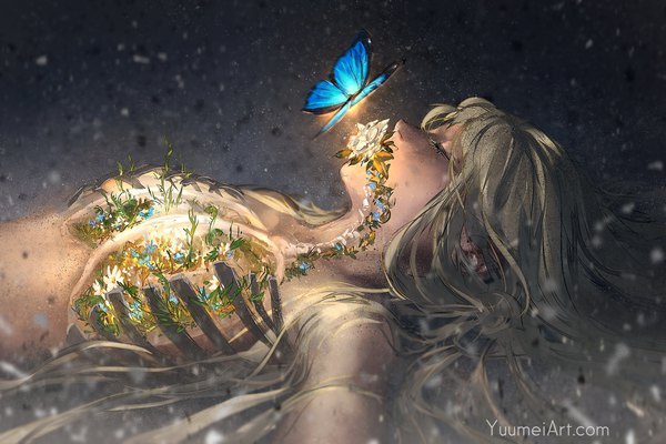 Anime picture 2025x1350 with original yuumei single long hair fringe highres signed upper body lying eyes closed grey hair on back sleeping bone (bones) flower in mouth girl flower (flowers) plant (plants) insect butterfly