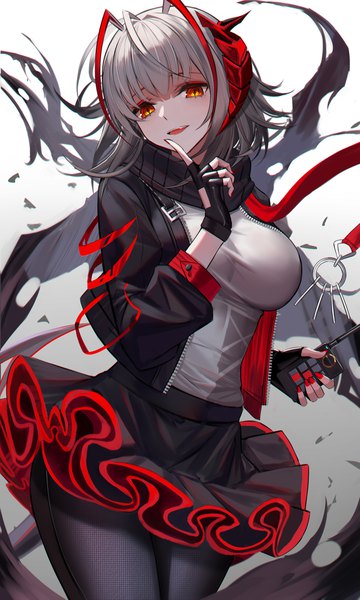 Anime picture 2858x4768 with arknights w (arknights) eternity (shadeh) single tall image looking at viewer blush fringe highres short hair breasts open mouth simple background smile hair between eyes large breasts holding silver hair red hair nail polish