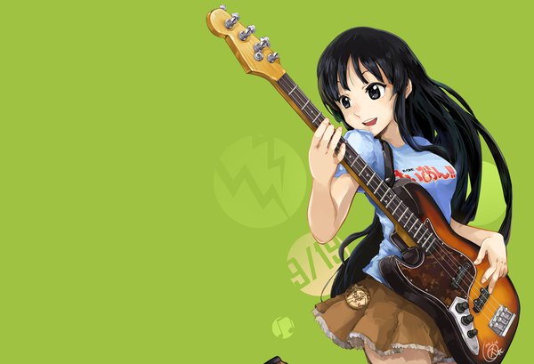Anime picture 1000x682 with k-on! kyoto animation akiyama mio ha neko single long hair fringe breasts open mouth black hair simple background smile standing signed looking away blunt bangs :d black eyes short sleeves clothes writing