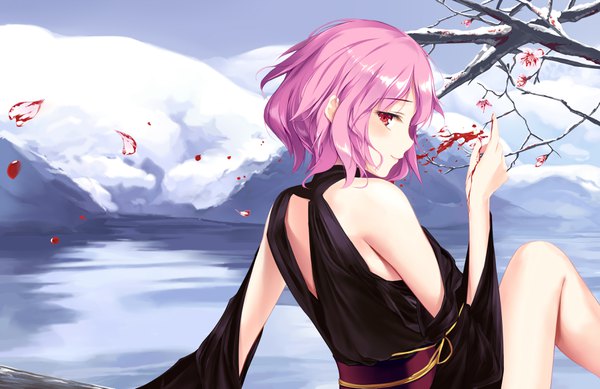 Anime picture 3624x2350 with touhou saigyouji yuyuko eien no juu nana-sa single blush fringe highres short hair red eyes sitting bare shoulders pink hair absurdres profile looking back arm support thighs winter snow bare tree