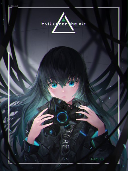 Anime picture 4500x6000 with original crystalherb single long hair tall image looking at viewer blush fringe highres open mouth blue eyes black hair hair between eyes holding absurdres upper body text english framed time