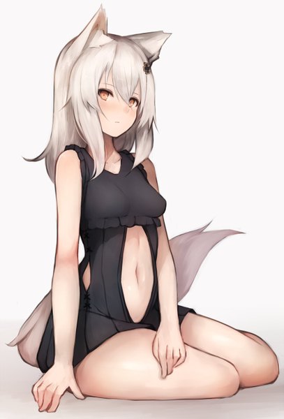 Anime picture 1000x1474 with original snm (sunimi) single long hair tall image looking at viewer blush fringe light erotic simple background hair between eyes sitting brown eyes animal ears white hair tail animal tail gradient background wolf ears yokozuwari