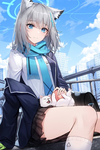 Anime picture 1000x1500 with blue archive shiroko (blue archive) chyopeuteu single tall image blush fringe short hair blue eyes smile sitting animal ears sky silver hair cloud (clouds) outdoors blunt bangs pleated skirt off shoulder open clothes