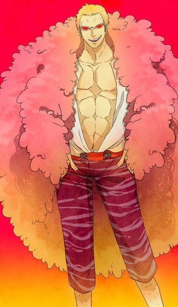 Anime picture 583x1000 with one piece toei animation donquixote doflamingo amane0623 single tall image looking at viewer short hair blonde hair simple background smile open clothes open shirt red background muscle hands on hips boy shirt pants sunglasses